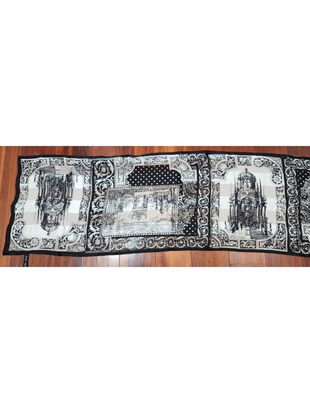 Ellen Tracy 100% Silk Scarf Black White Paris Architecture 58x15 in - Picture 5 of 9